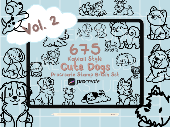 675 Procreate Dog Stamp Brushes Vol. 2 – Enhancing Creative Workflows with Kawaii Dog Illustrations